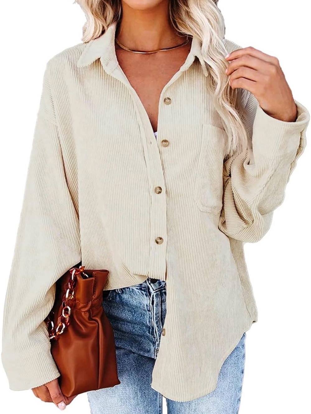 Women’s Cream Corduroy Button Down Shirt Oversized Long Sleeve EUC
